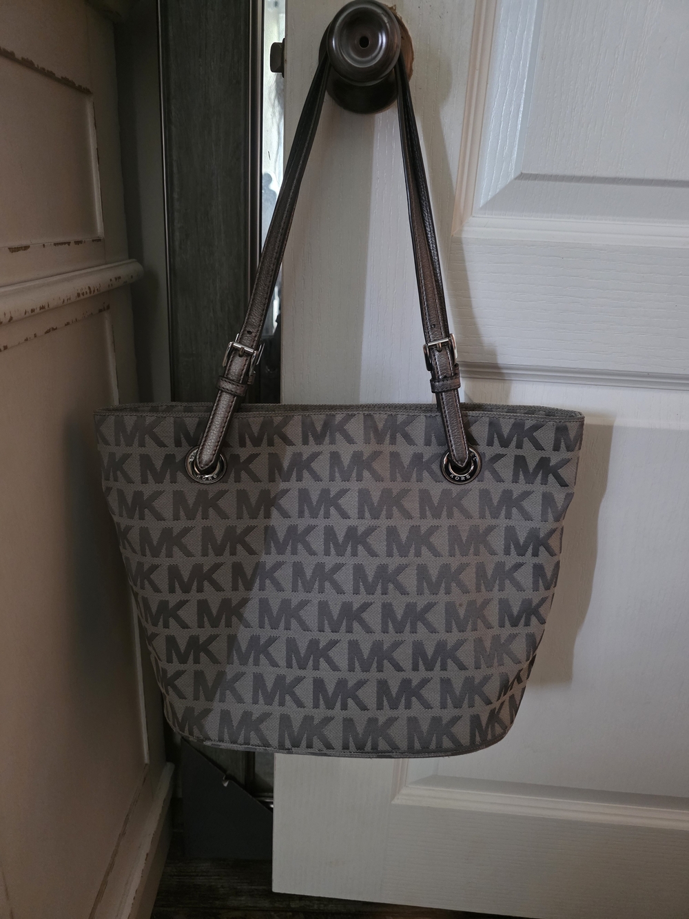 Michael Kors Gray MK Monogram Tote with Dark Trim